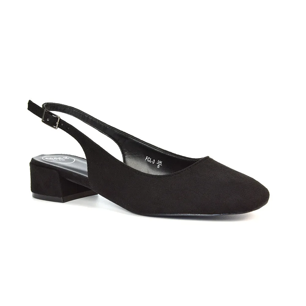 Luna Slingback Closed Square Toe Low Block Heel Shoes in Navy Faux Suede