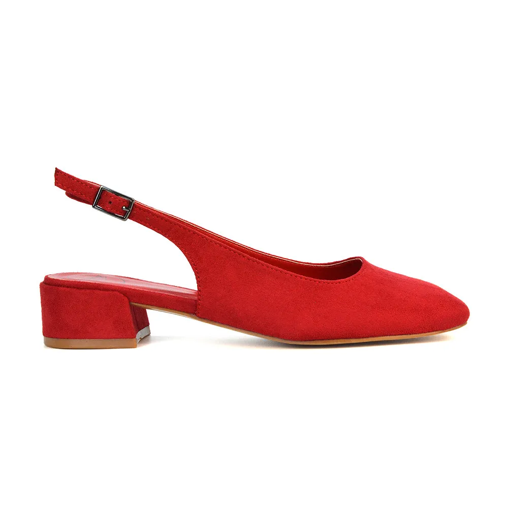 Luna Slingback Closed Square Toe Low Block Heel Shoes in Navy Faux Suede
