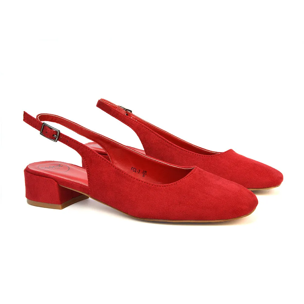 Luna Slingback Closed Square Toe Low Block Heel Shoes in Navy Faux Suede