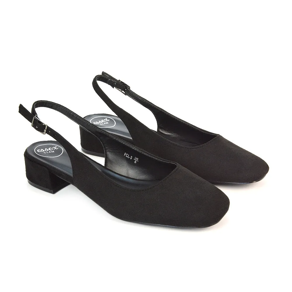 Luna Slingback Closed Square Toe Low Block Heel Shoes in Navy Faux Suede