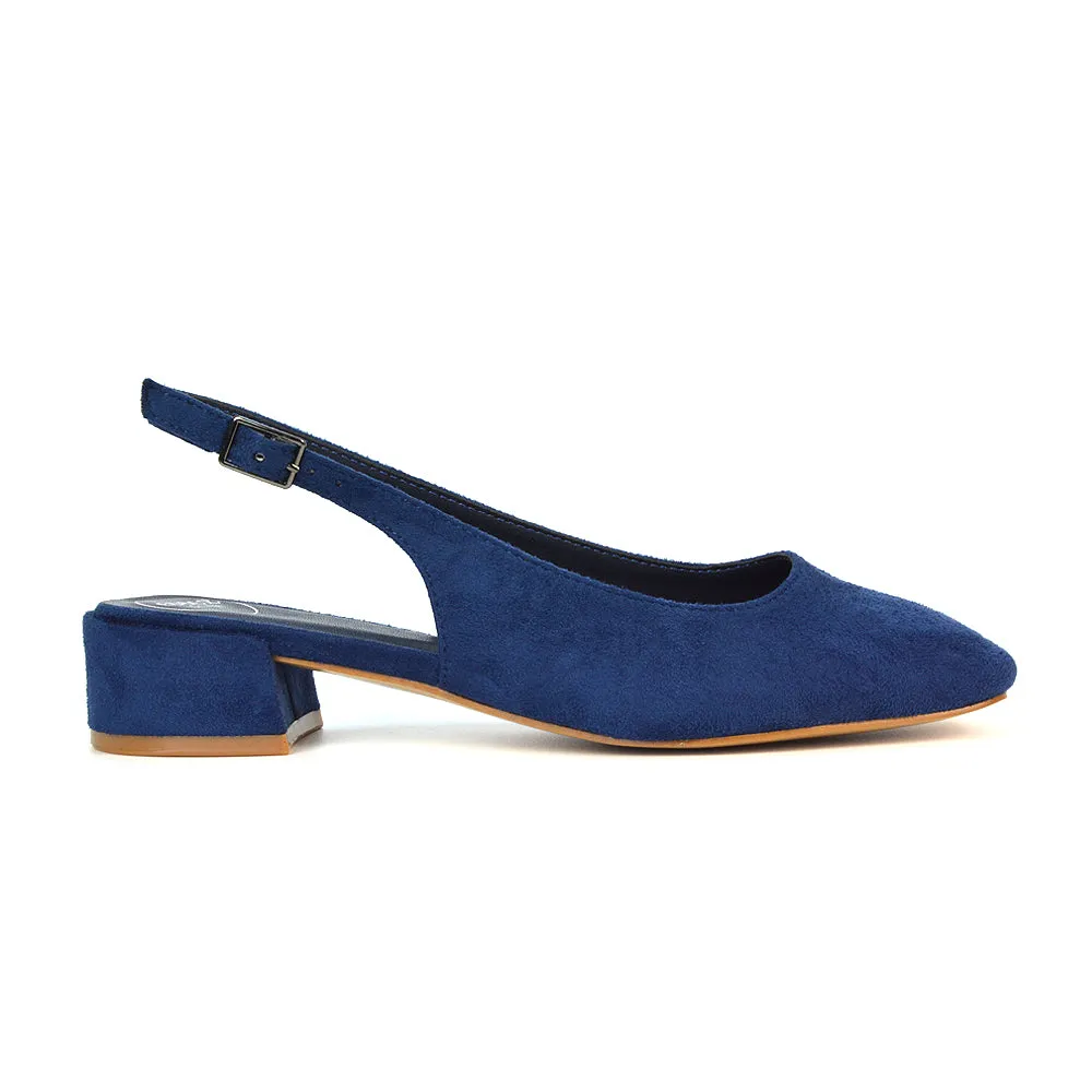 Luna Slingback Closed Square Toe Low Block Heel Shoes in Navy Faux Suede