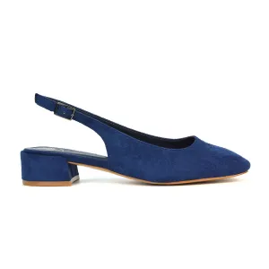 Luna Slingback Closed Square Toe Low Block Heel Shoes in Navy Faux Suede