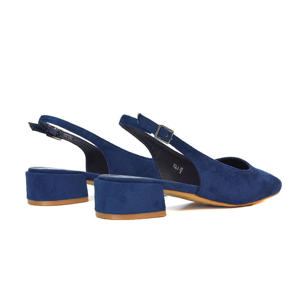 Luna Slingback Closed Square Toe Low Block Heel Shoes in Navy Faux Suede