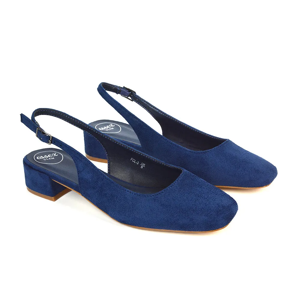 Luna Slingback Closed Square Toe Low Block Heel Shoes in Navy Faux Suede