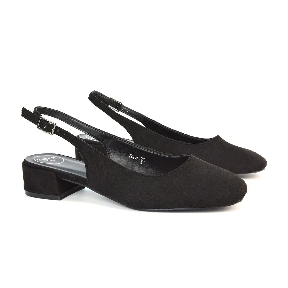 Luna Slingback Closed Square Toe Low Block Heel Shoes in Navy Faux Suede