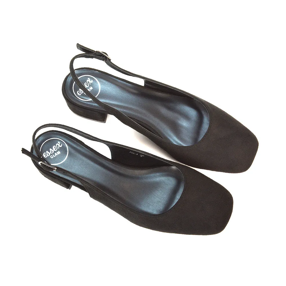 Luna Slingback Closed Square Toe Low Block Heel Shoes in Navy Faux Suede