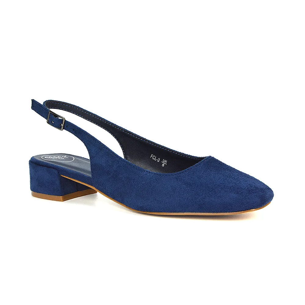 Luna Slingback Closed Square Toe Low Block Heel Shoes in Navy Faux Suede