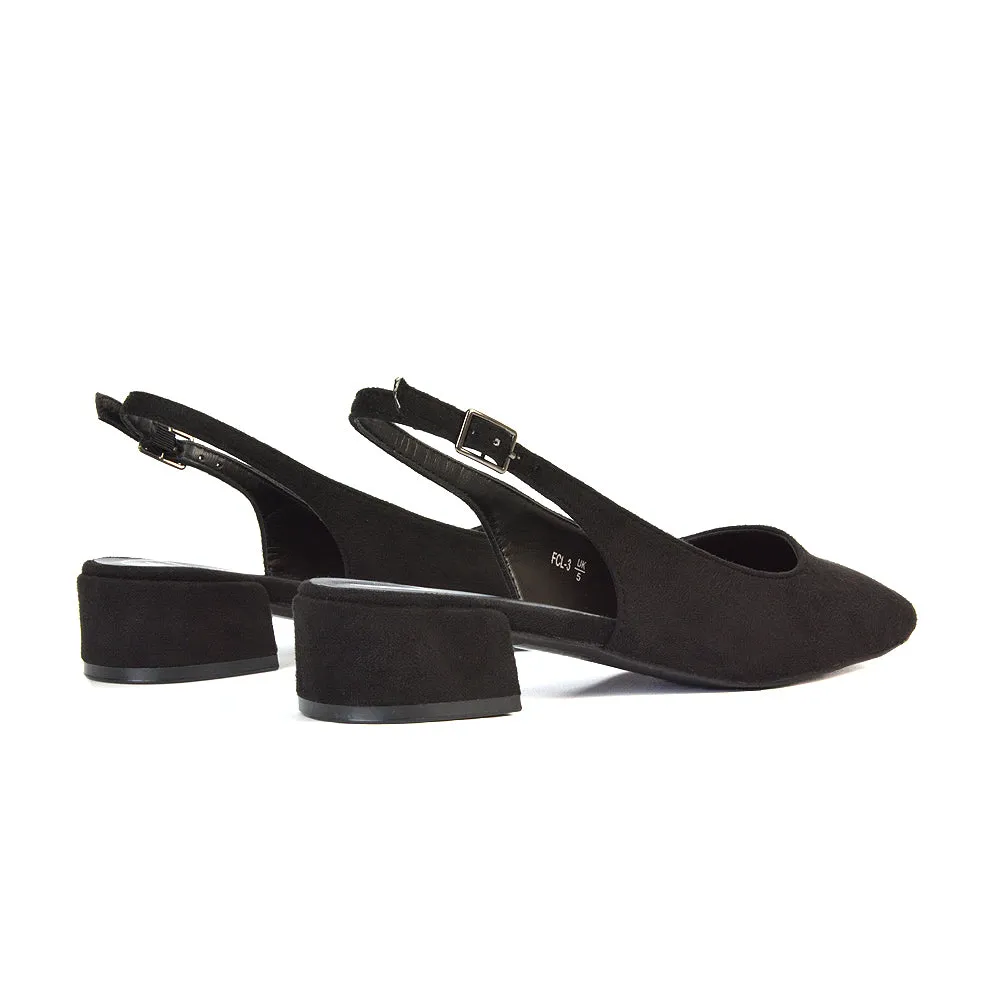 Luna Slingback Closed Square Toe Low Block Heel Shoes in Navy Faux Suede
