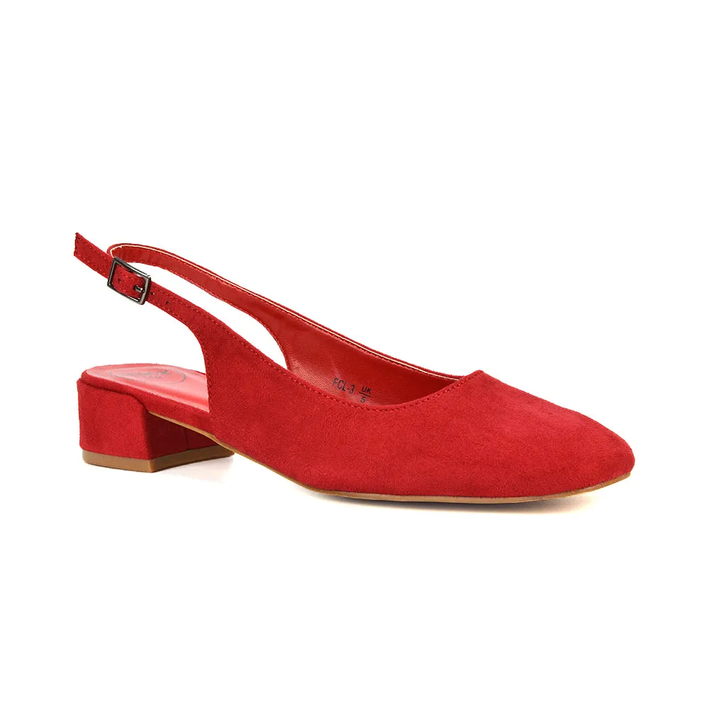 Luna Slingback Closed Square Toe Low Block Heel Shoes in Navy Faux Suede