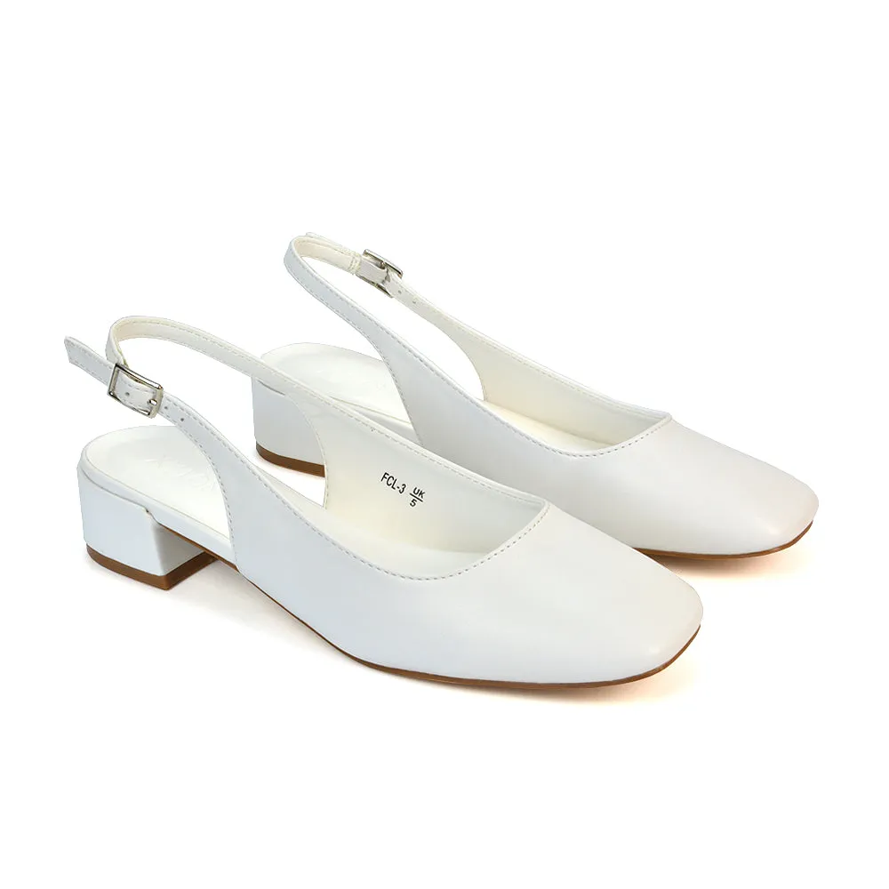 Luna Slingback Closed Square Toe Low Block Heel Shoes in Navy Faux Suede