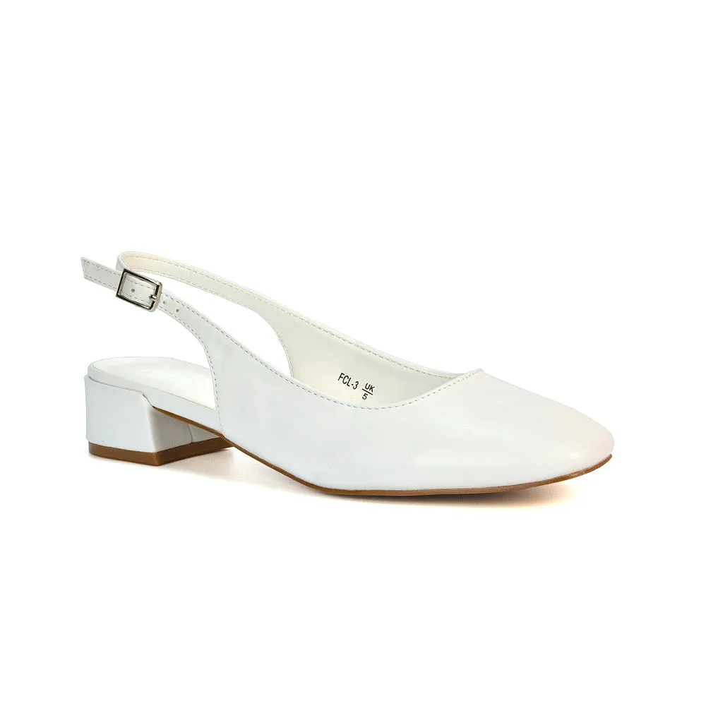 Luna Slingback Closed Square Toe Low Block Heel Shoes in Navy Faux Suede