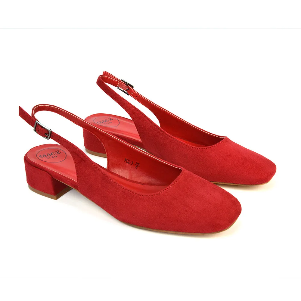 Luna Slingback Closed Square Toe Low Block Heel Shoes in Navy Faux Suede