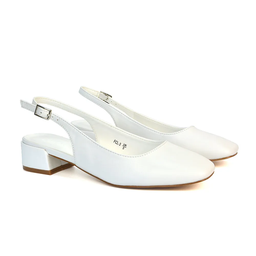 Luna Slingback Closed Square Toe Low Block Heel Shoes in Navy Faux Suede