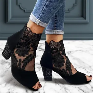 Luxury black ankle-high heels with lace