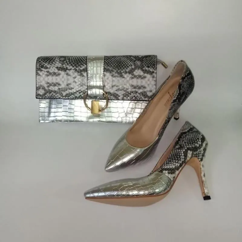 Luxury Lady Shoes Fashion Snake Leather High Heels Party Matching Clutch Handbag And Pumps Sets