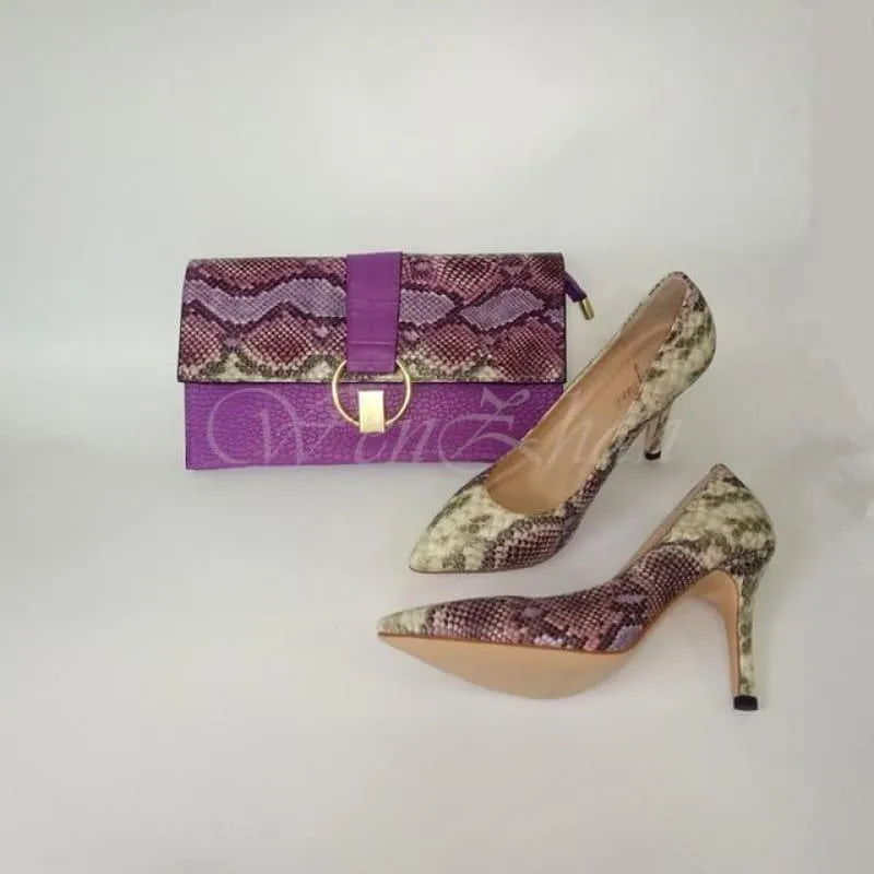 Luxury Lady Shoes Fashion Snake Leather High Heels Party Matching Clutch Handbag And Pumps Sets