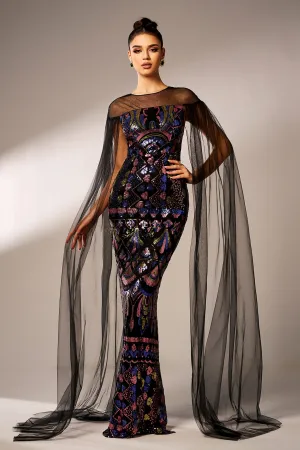 Mesh Cape Sleeve Sequined Formal Dress