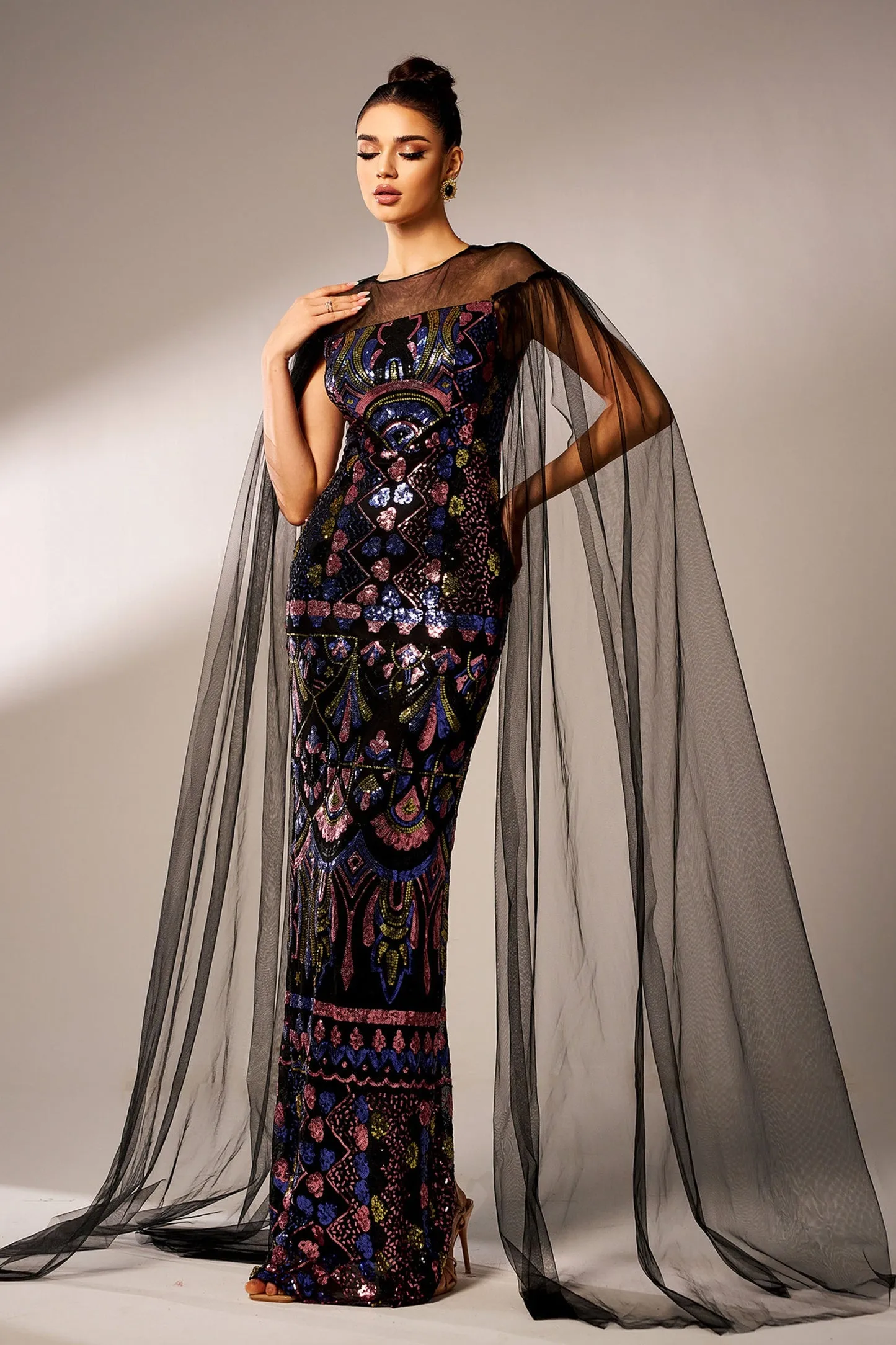 Mesh Cape Sleeve Sequined Formal Dress