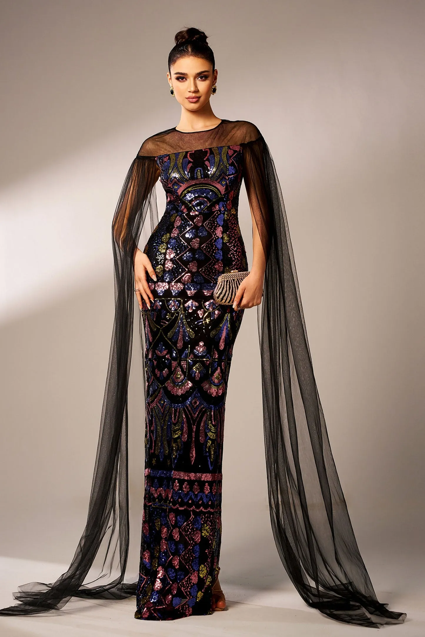 Mesh Cape Sleeve Sequined Formal Dress