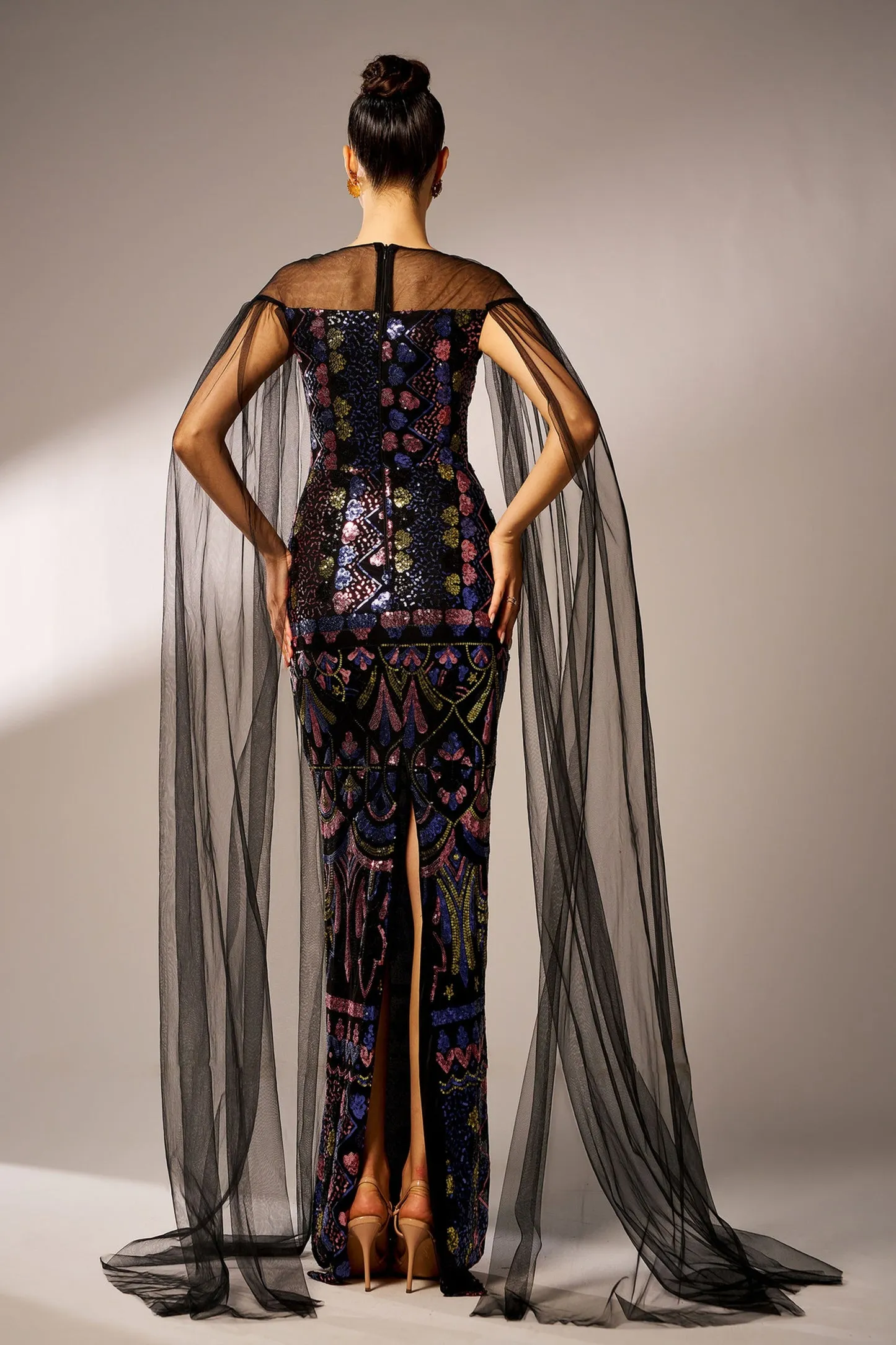 Mesh Cape Sleeve Sequined Formal Dress