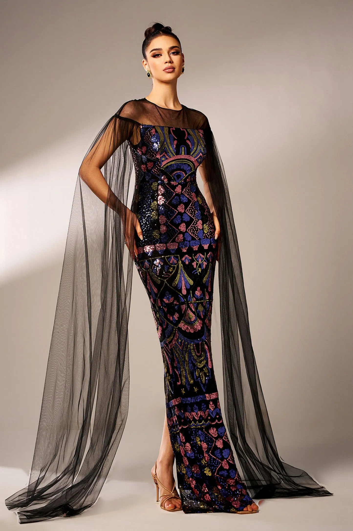 Mesh Cape Sleeve Sequined Formal Dress