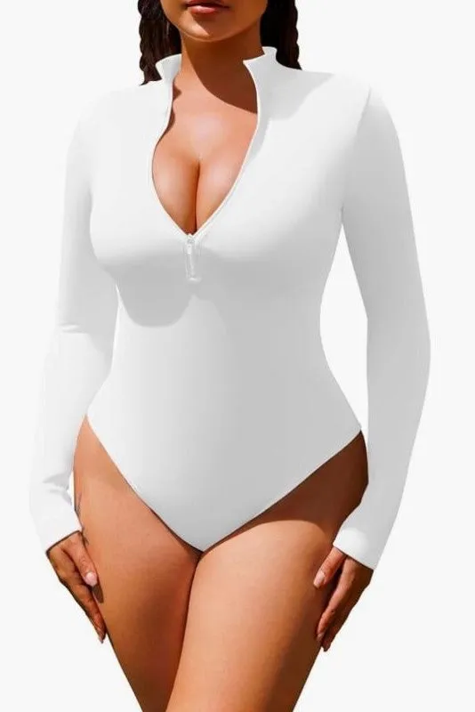 Mock Neck Long Sleeve Bodysuit with Zipper