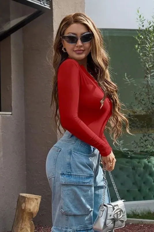Mock Neck Long Sleeve Bodysuit with Zipper