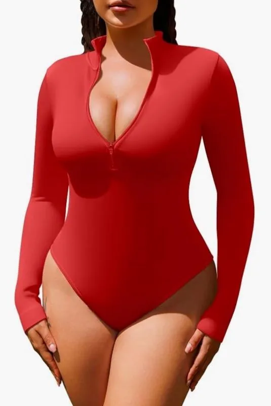 Mock Neck Long Sleeve Bodysuit with Zipper