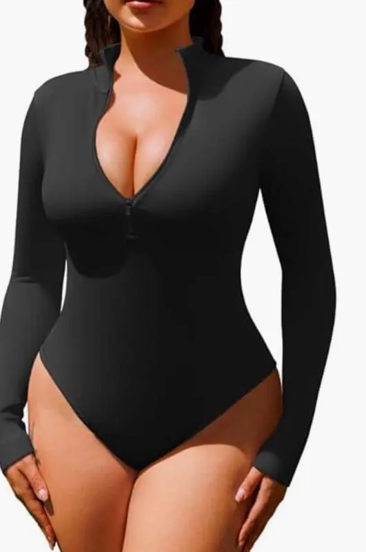 Mock Neck Long Sleeve Bodysuit with Zipper