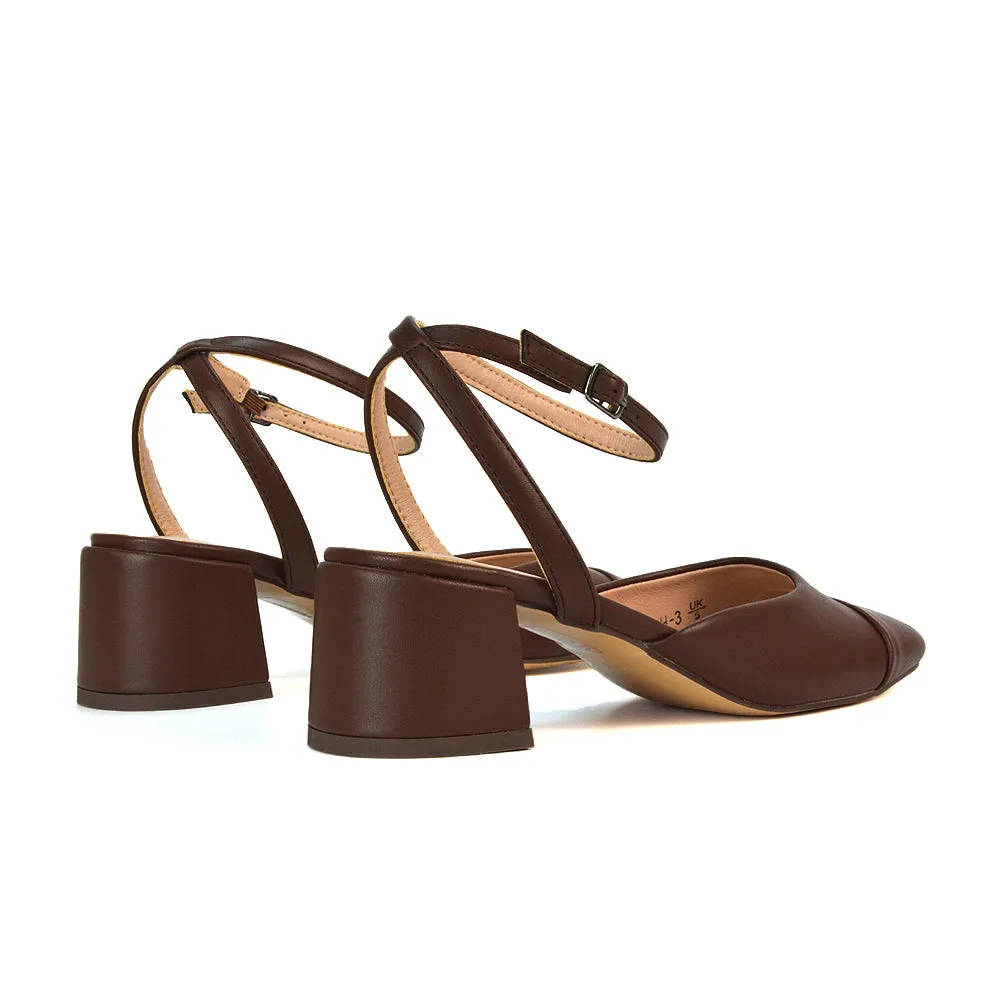 Natasha Ankle Strap Mid Block Heel Square Toe Court Shoes in Black Synthetic Leather