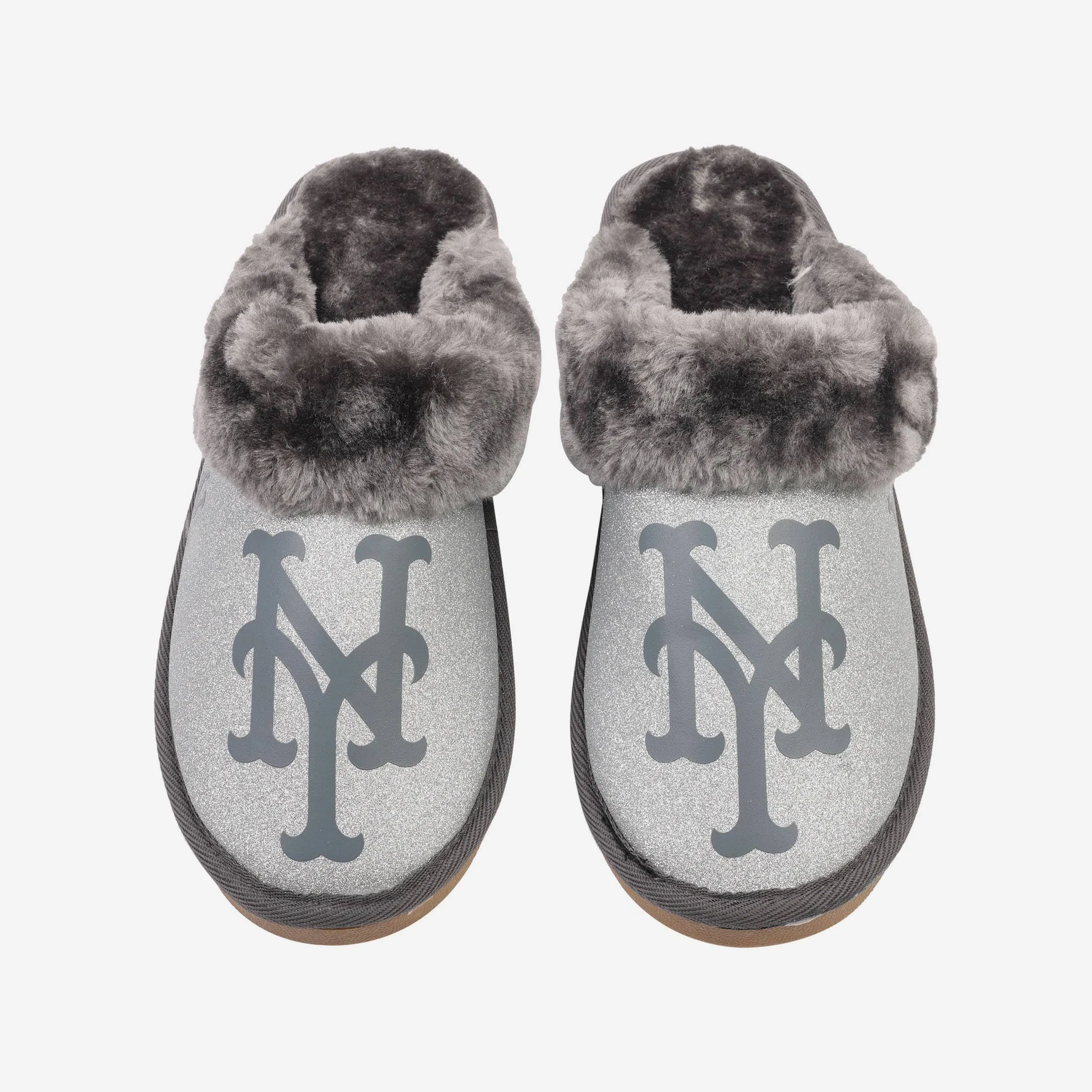 New York Mets Womens Glitter Open Back Fur Moccasin Slipper