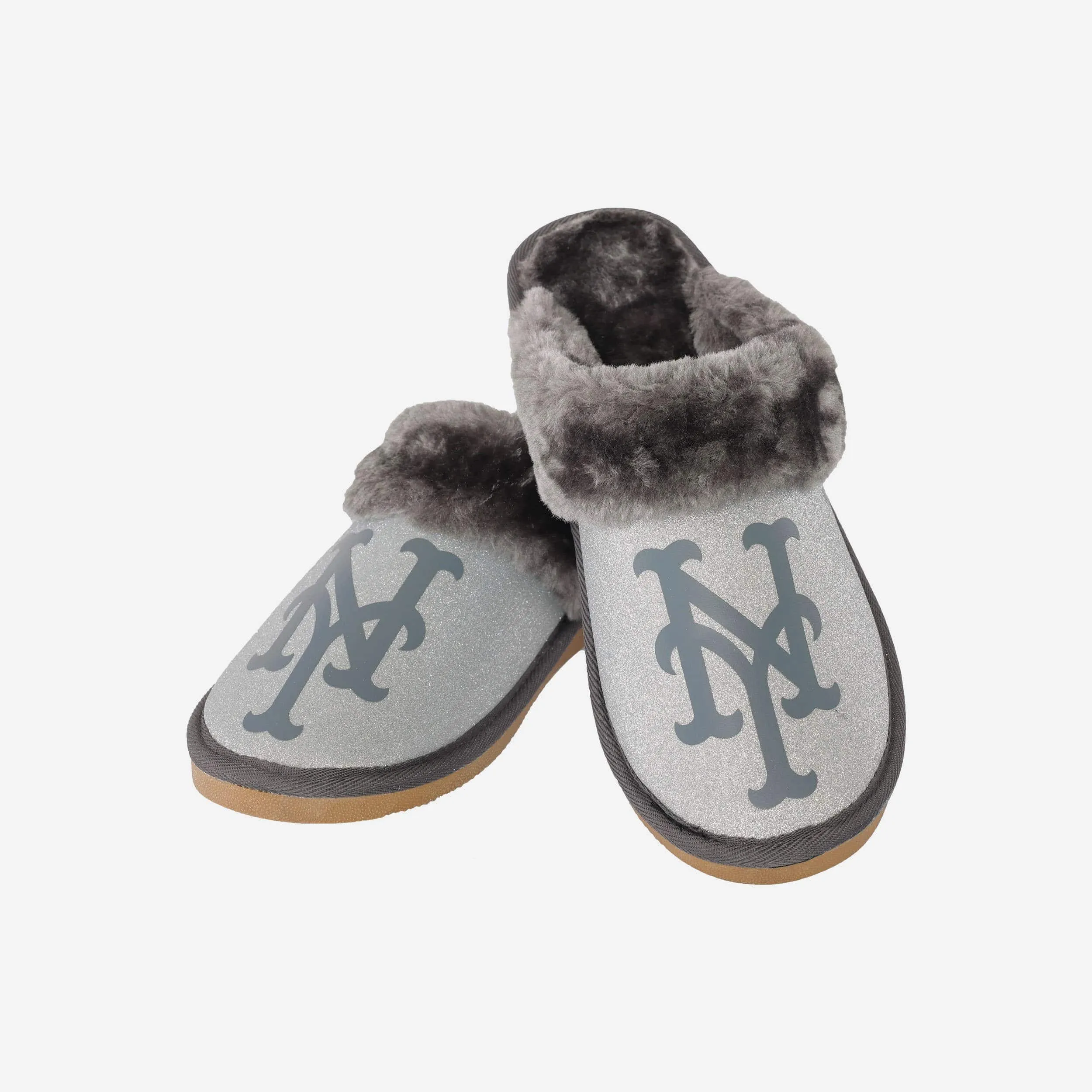 New York Mets Womens Glitter Open Back Fur Moccasin Slipper