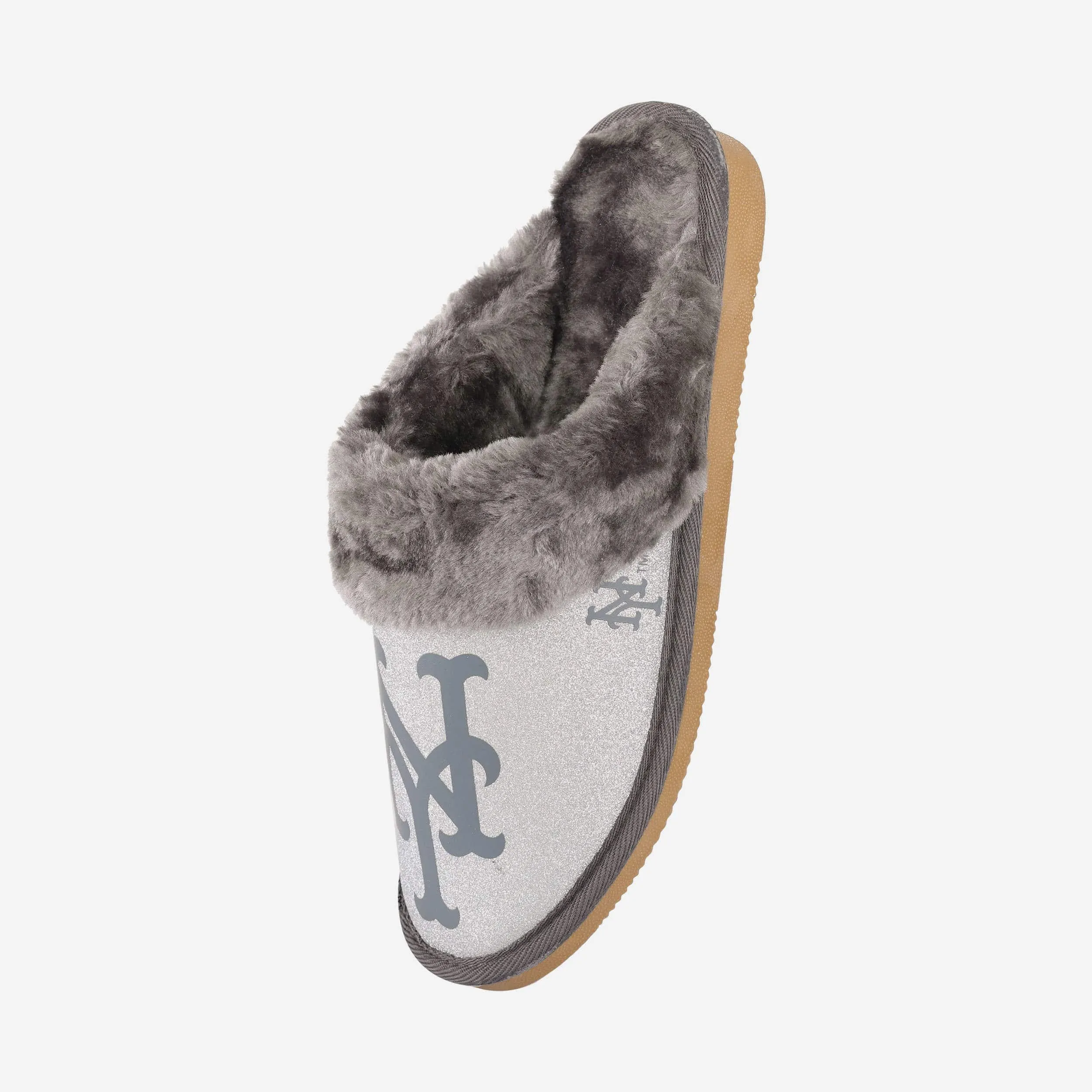 New York Mets Womens Glitter Open Back Fur Moccasin Slipper