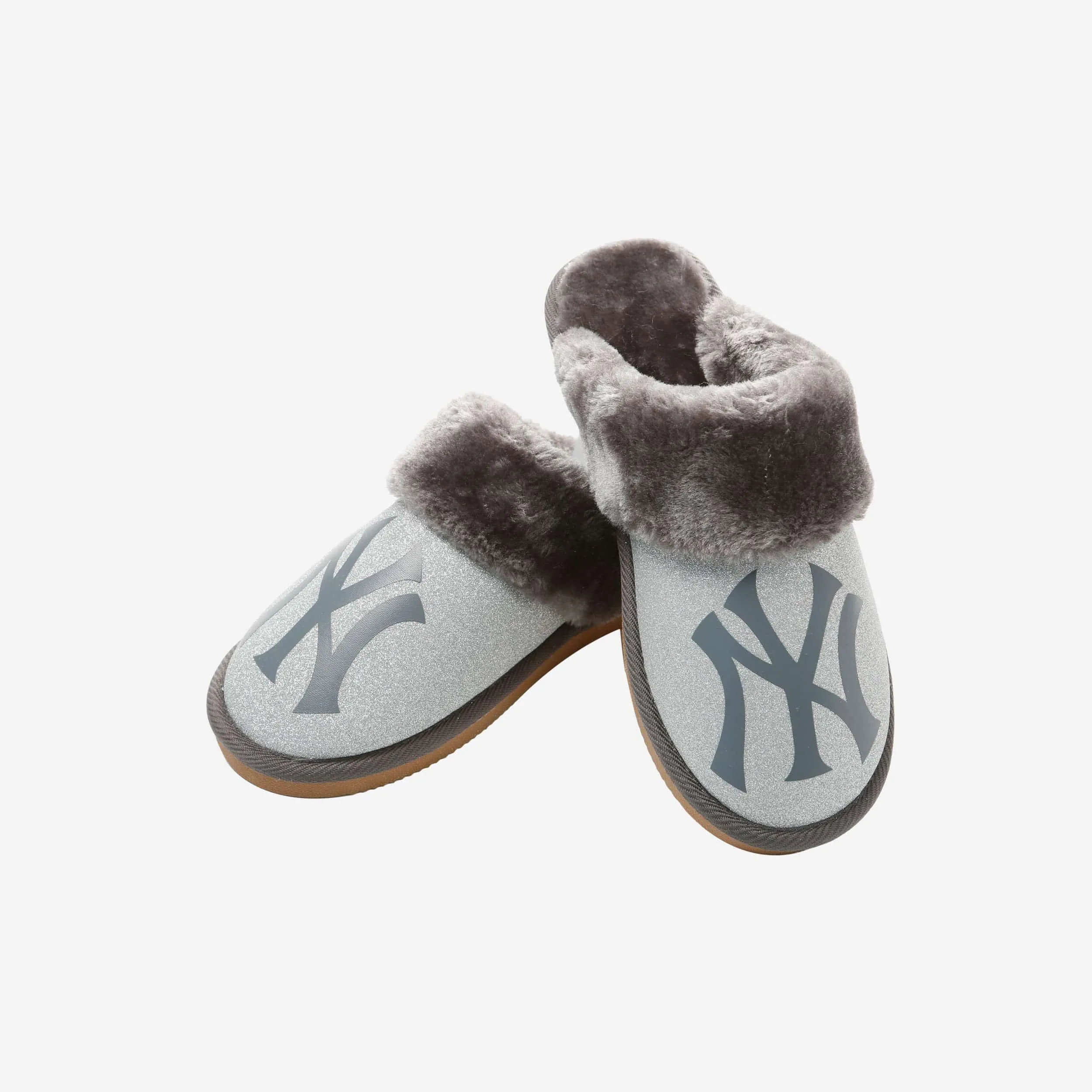 New York Yankees Womens Glitter Open Back Fur Moccasin Slipper