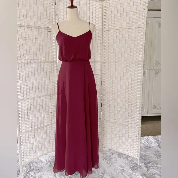 NWOT Birdy Grey burgundy long chiffon Gwennie  dress spaghetti straps  small