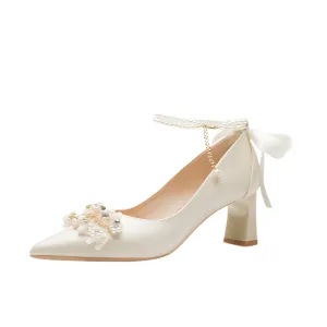 Pearl Buckle Block-Heel Wedding Pumps