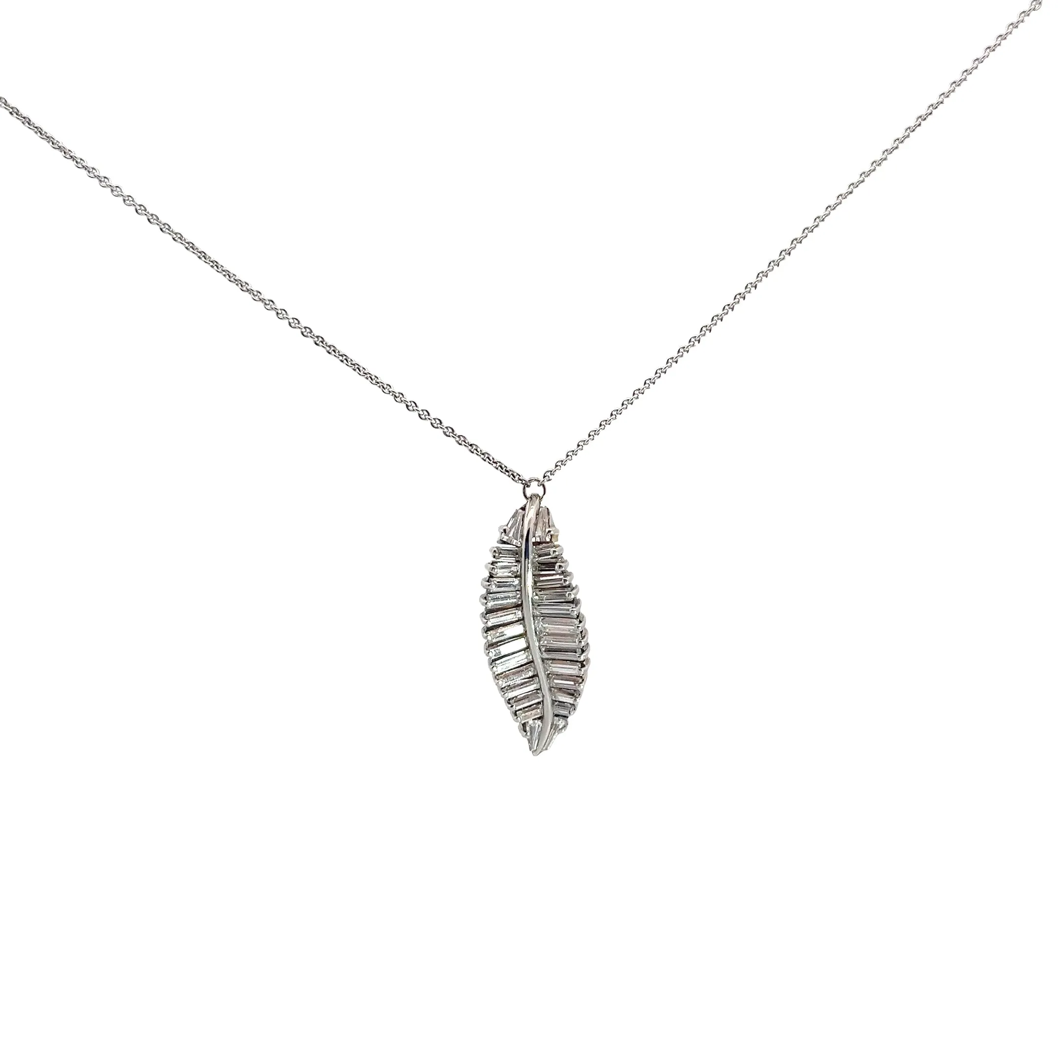Platinum 1ct E VVS1 Baguette Diamond Feather Necklace