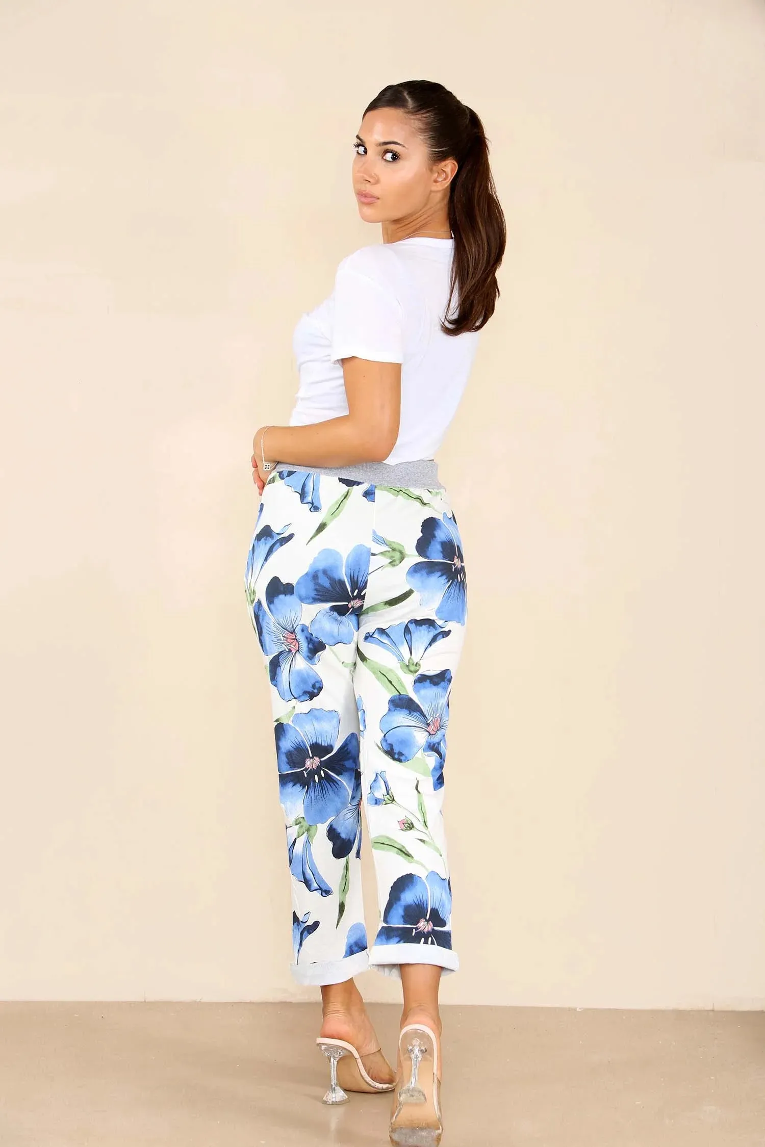 Plus Size Italian Floral Print Drawstring Cotton Joggers
