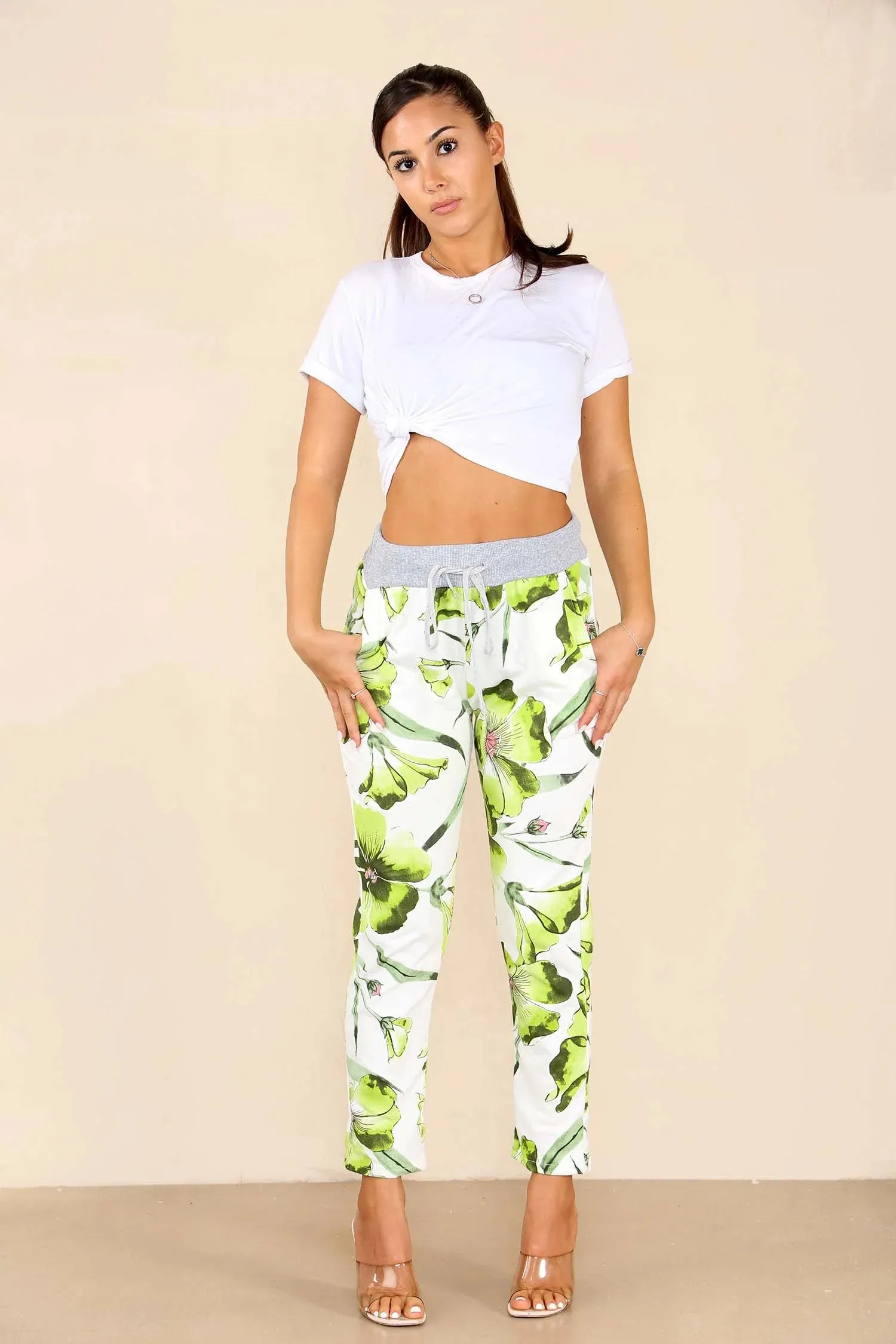 Plus Size Italian Floral Print Drawstring Cotton Joggers