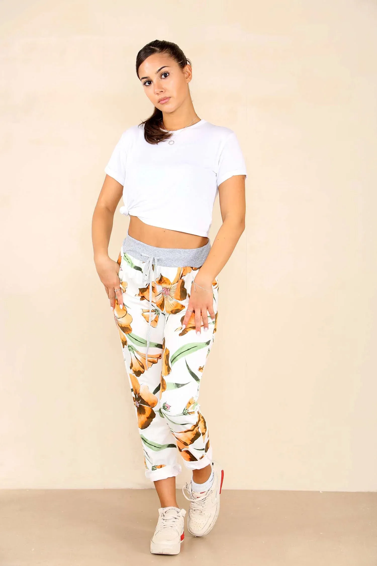 Plus Size Italian Floral Print Drawstring Cotton Joggers