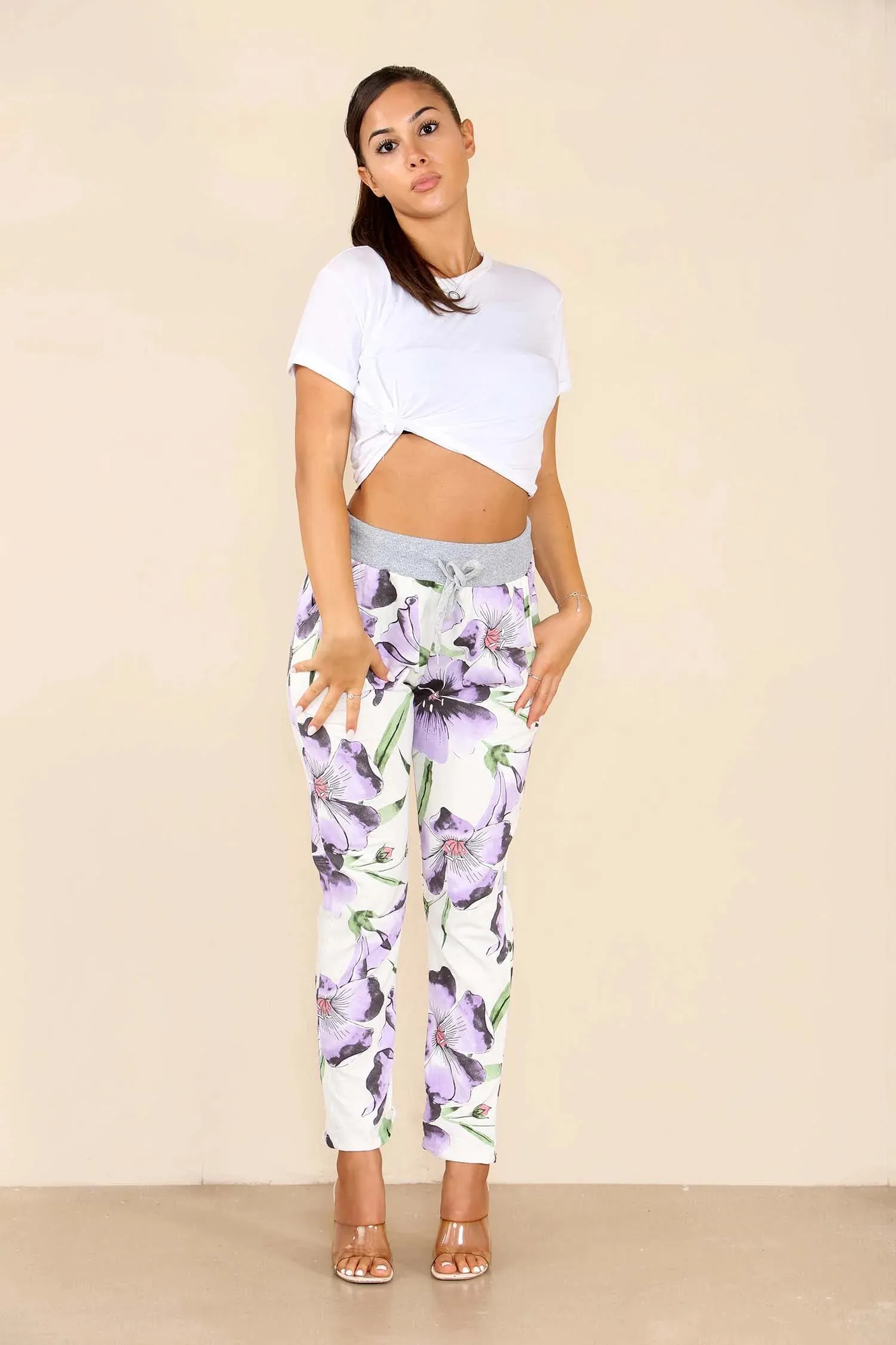 Plus Size Italian Floral Print Drawstring Cotton Joggers