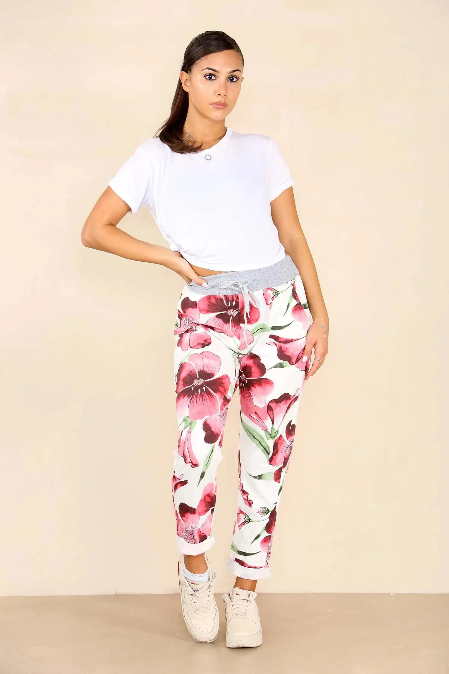 Plus Size Italian Floral Print Drawstring Cotton Joggers