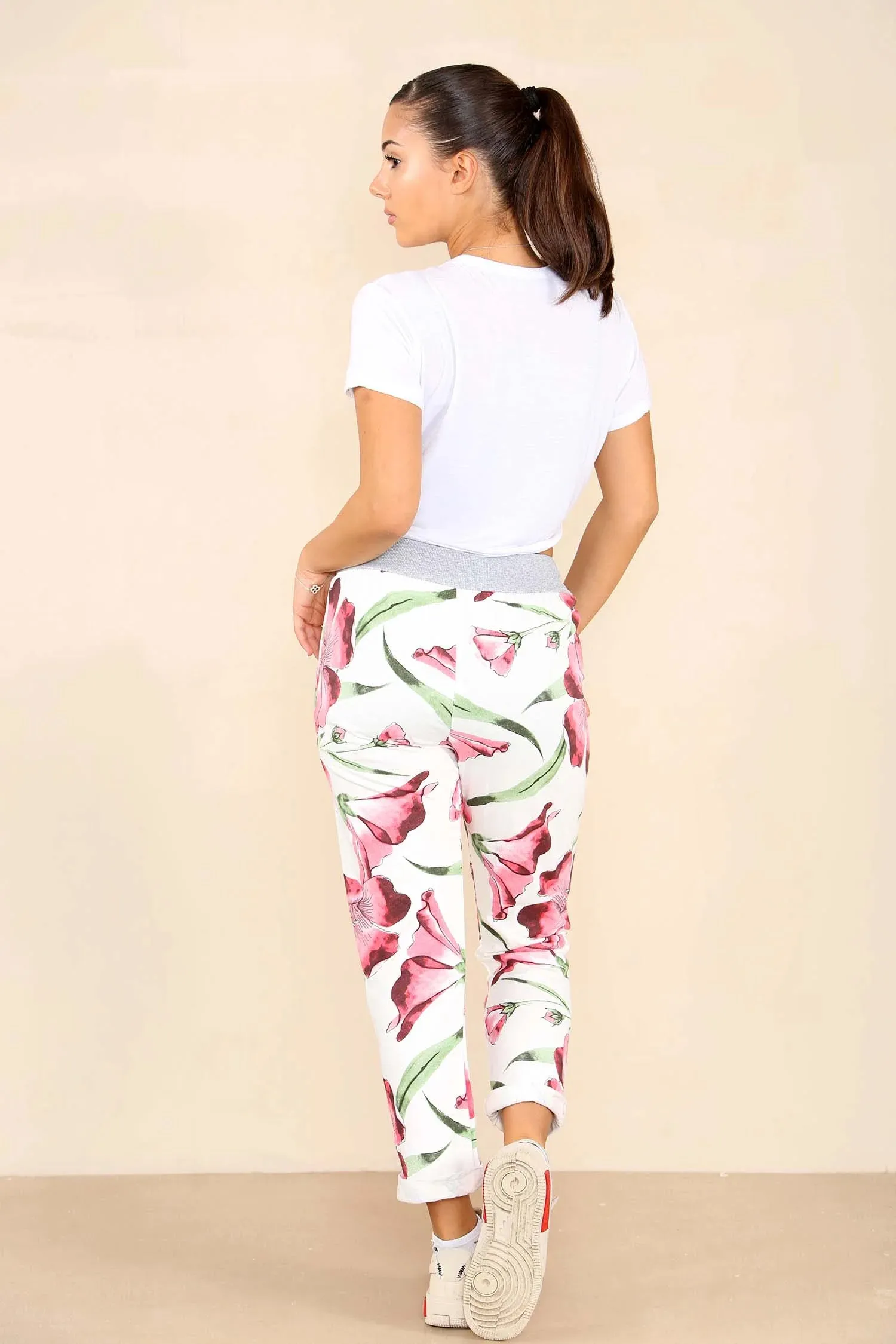 Plus Size Italian Floral Print Drawstring Cotton Joggers