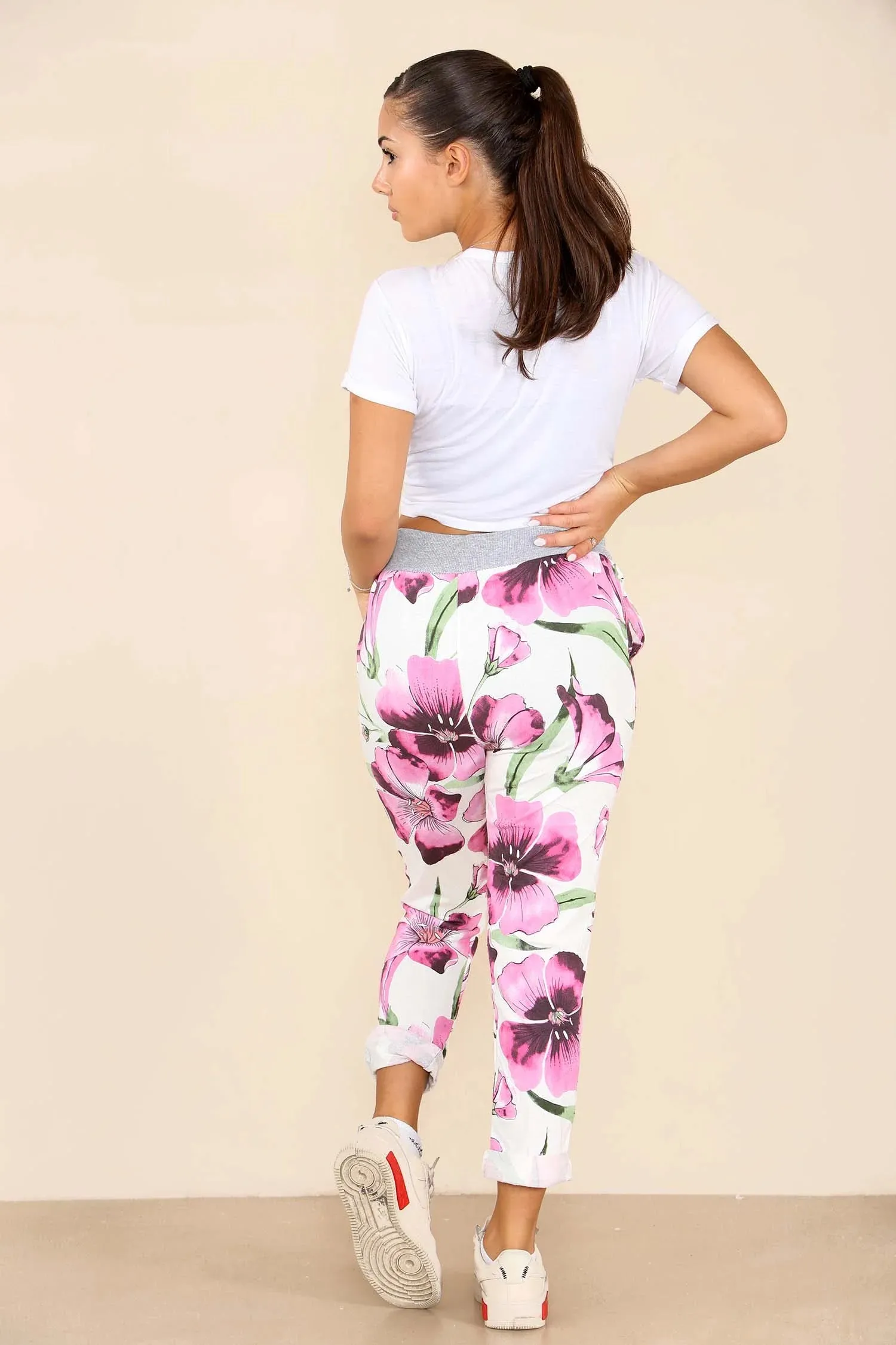 Plus Size Italian Floral Print Drawstring Cotton Joggers
