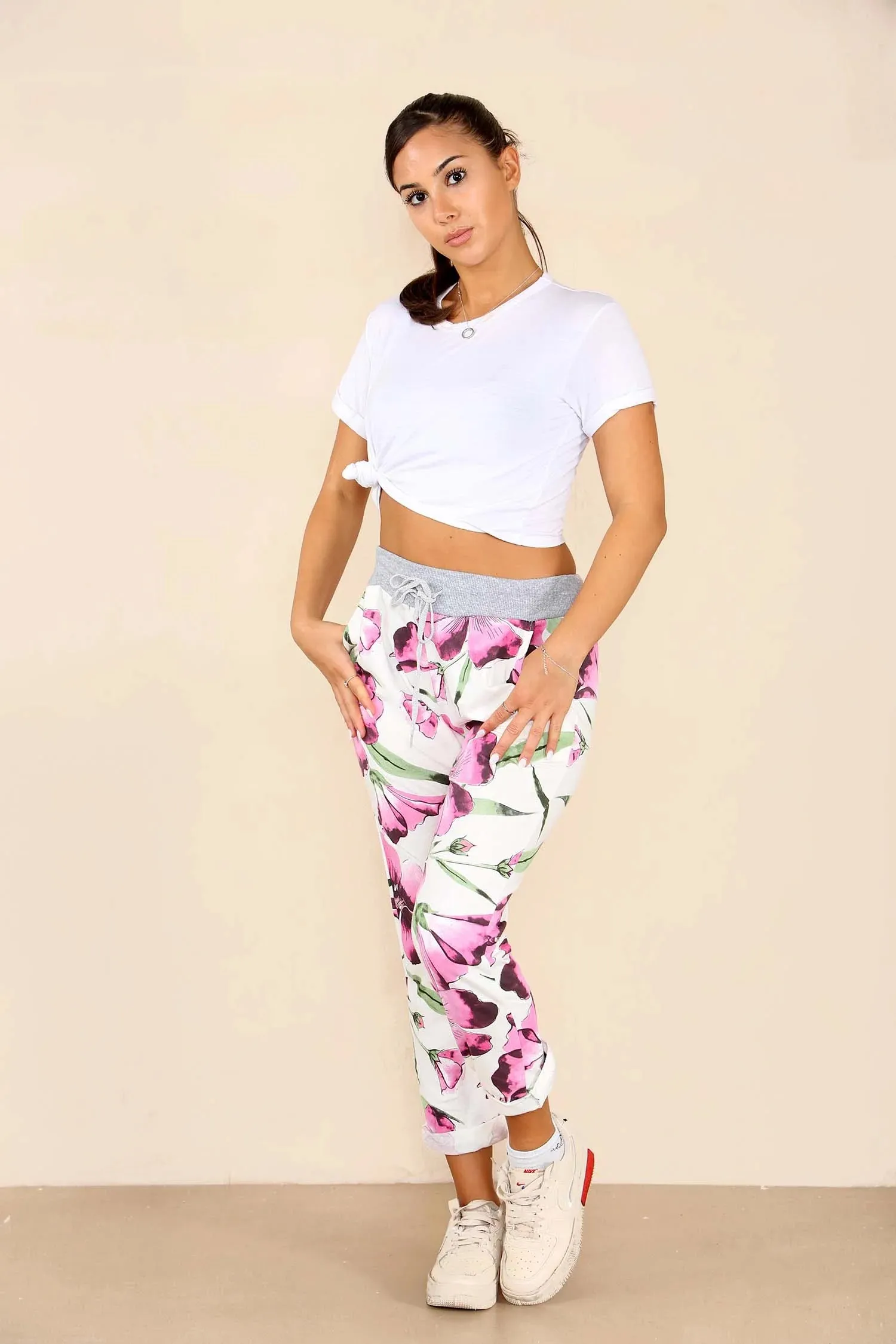 Plus Size Italian Floral Print Drawstring Cotton Joggers