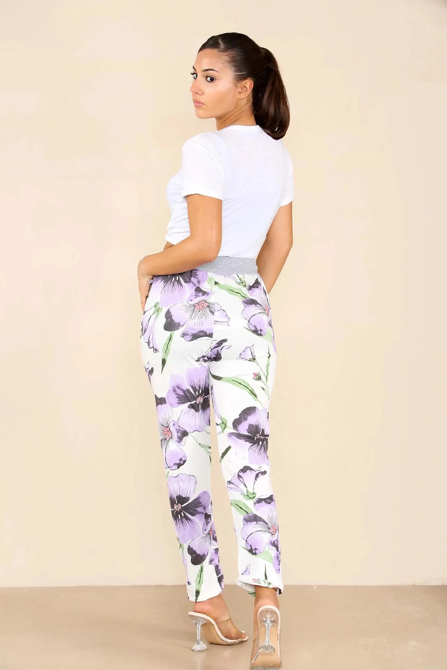 Plus Size Italian Floral Print Drawstring Cotton Joggers