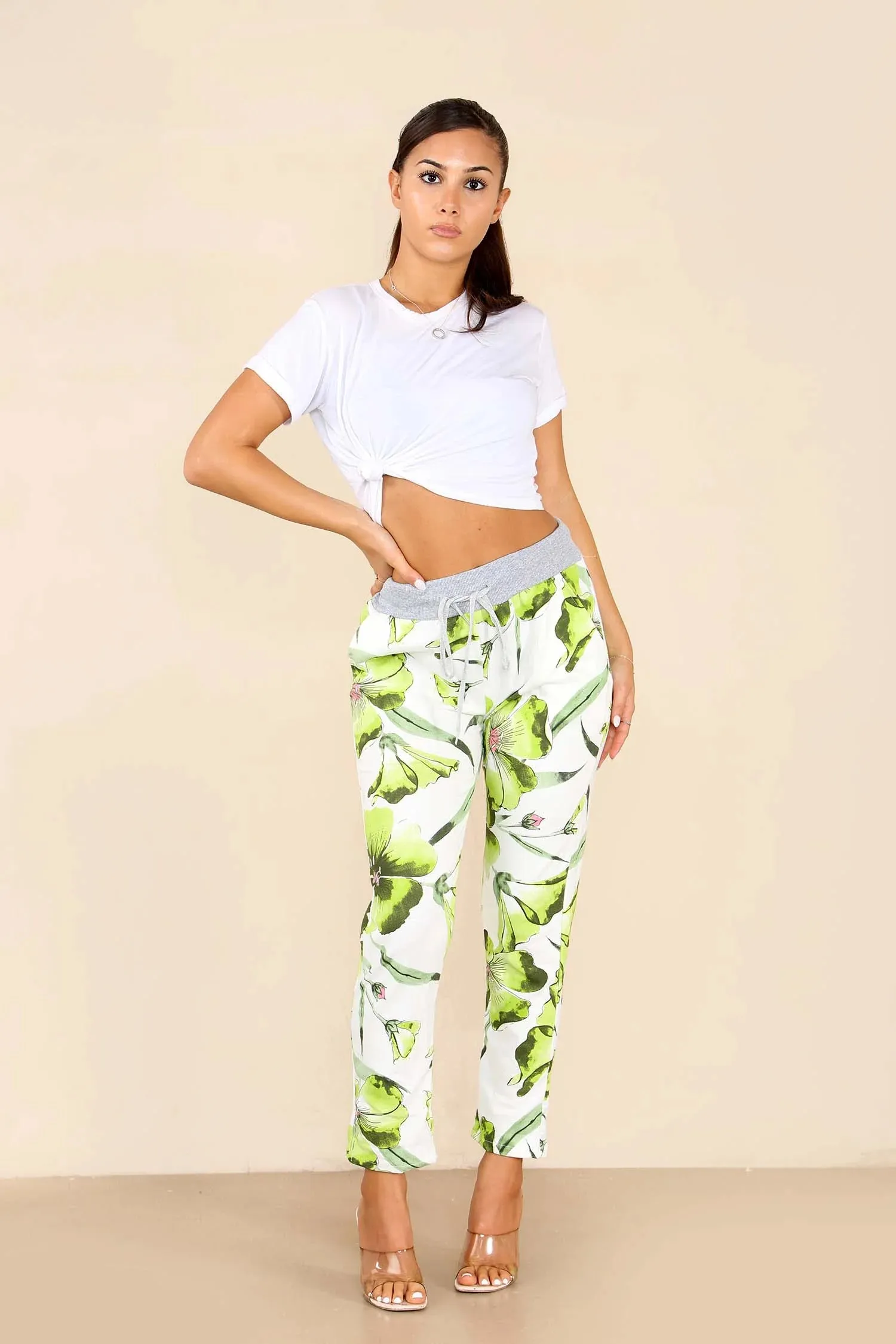 Plus Size Italian Floral Print Drawstring Cotton Joggers