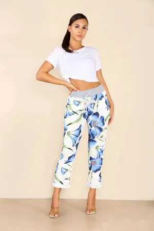 Plus Size Italian Floral Print Drawstring Cotton Joggers
