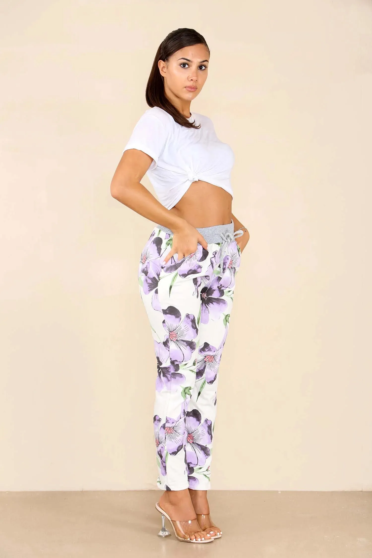 Plus Size Italian Floral Print Drawstring Cotton Joggers