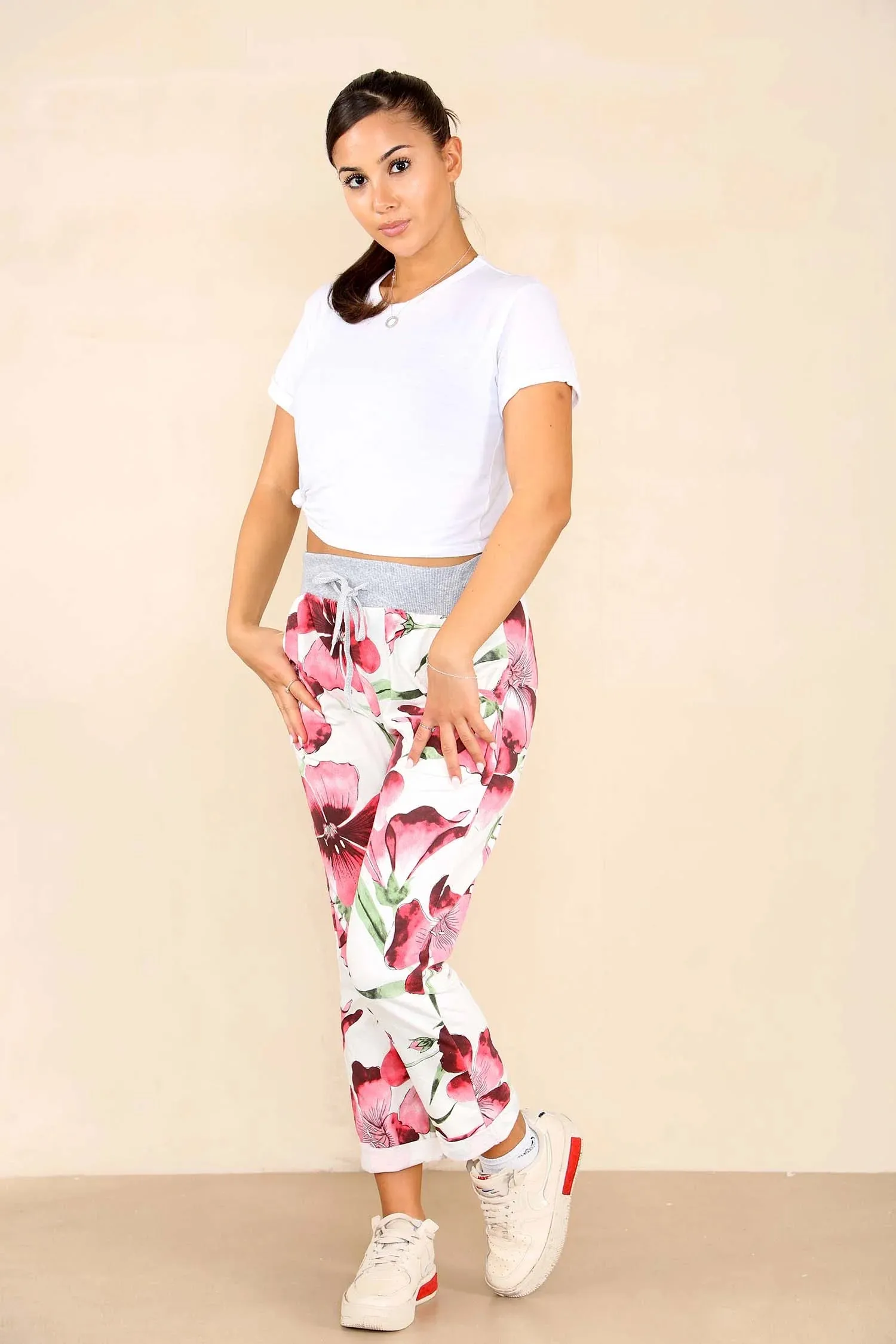Plus Size Italian Floral Print Drawstring Cotton Joggers